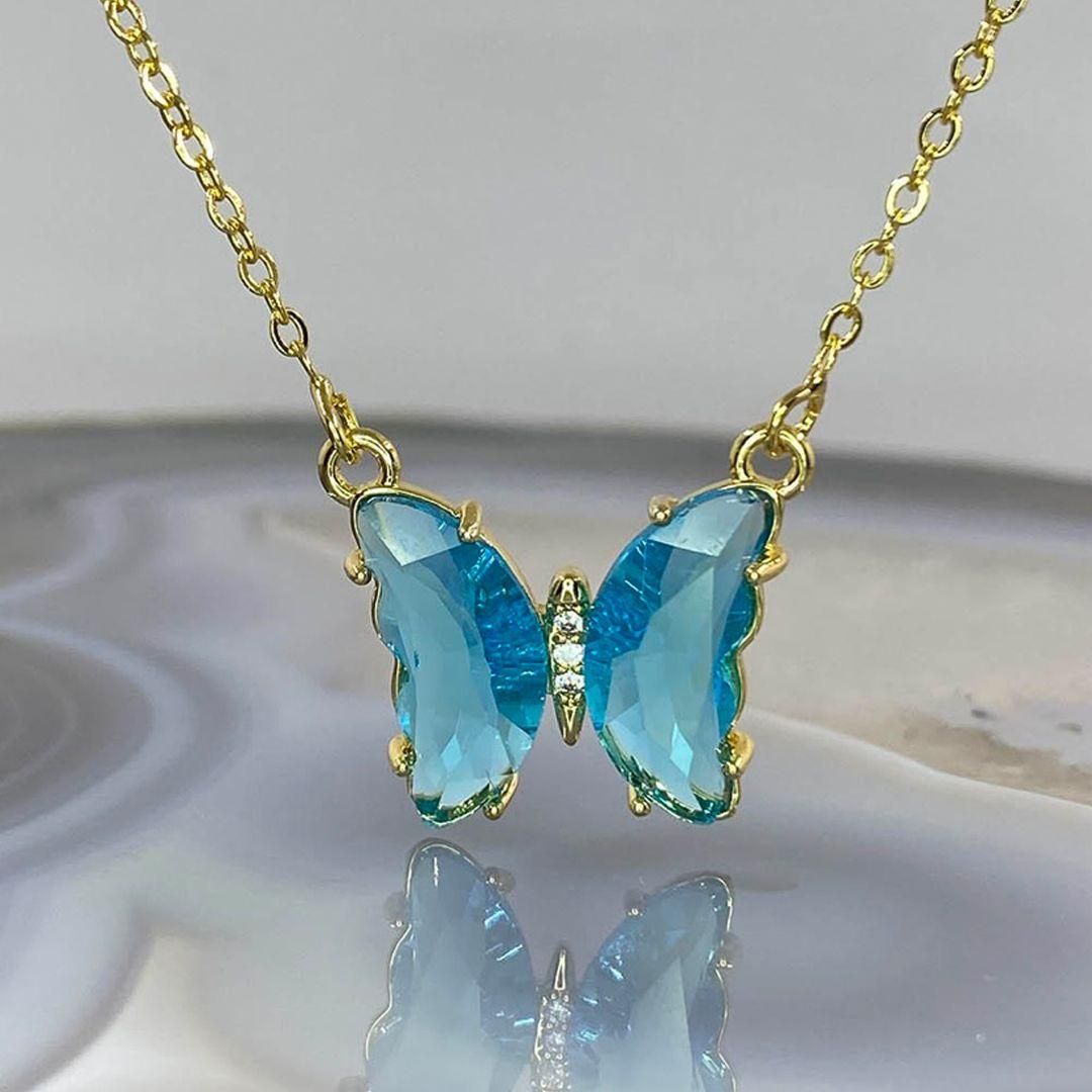 Pretty blue crystal butterfly pendant necklace