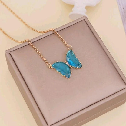 Pretty blue crystal butterfly pendant necklace