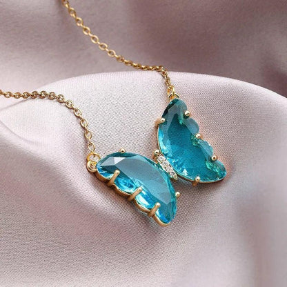 Pretty blue crystal butterfly pendant necklace