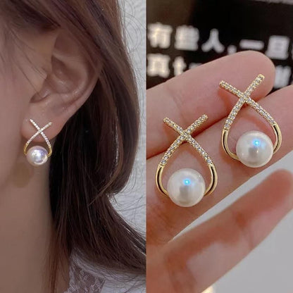 Korean Studded Cross Pearl Stud Earrings