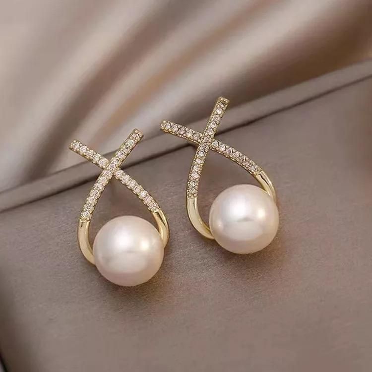 Korean Studded Cross Pearl Stud Earrings